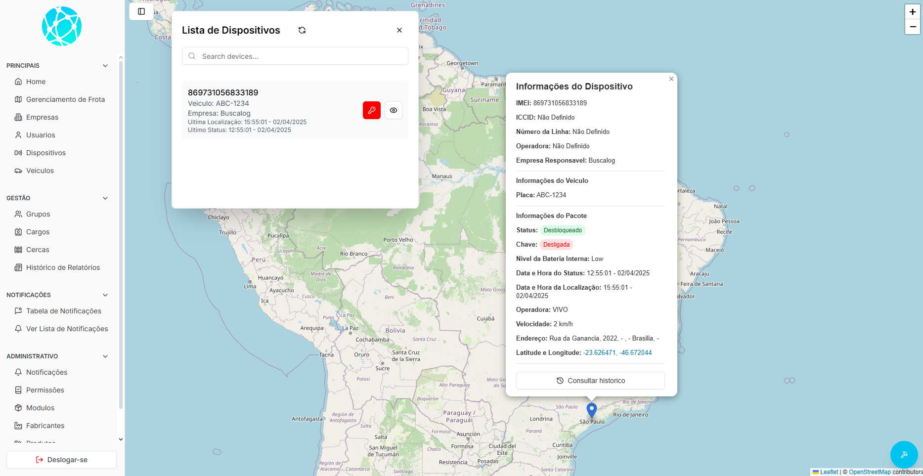 Detalhes de dispositivo de rastreamento